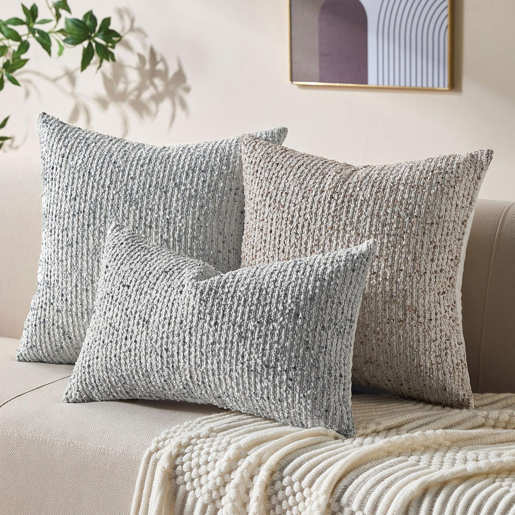 Decorative Lumbar Pillow Cover 12x20 Blue Striped Soft Wool Lumbar Throw Pillow Neutral Textured Boho Cushion Covers
