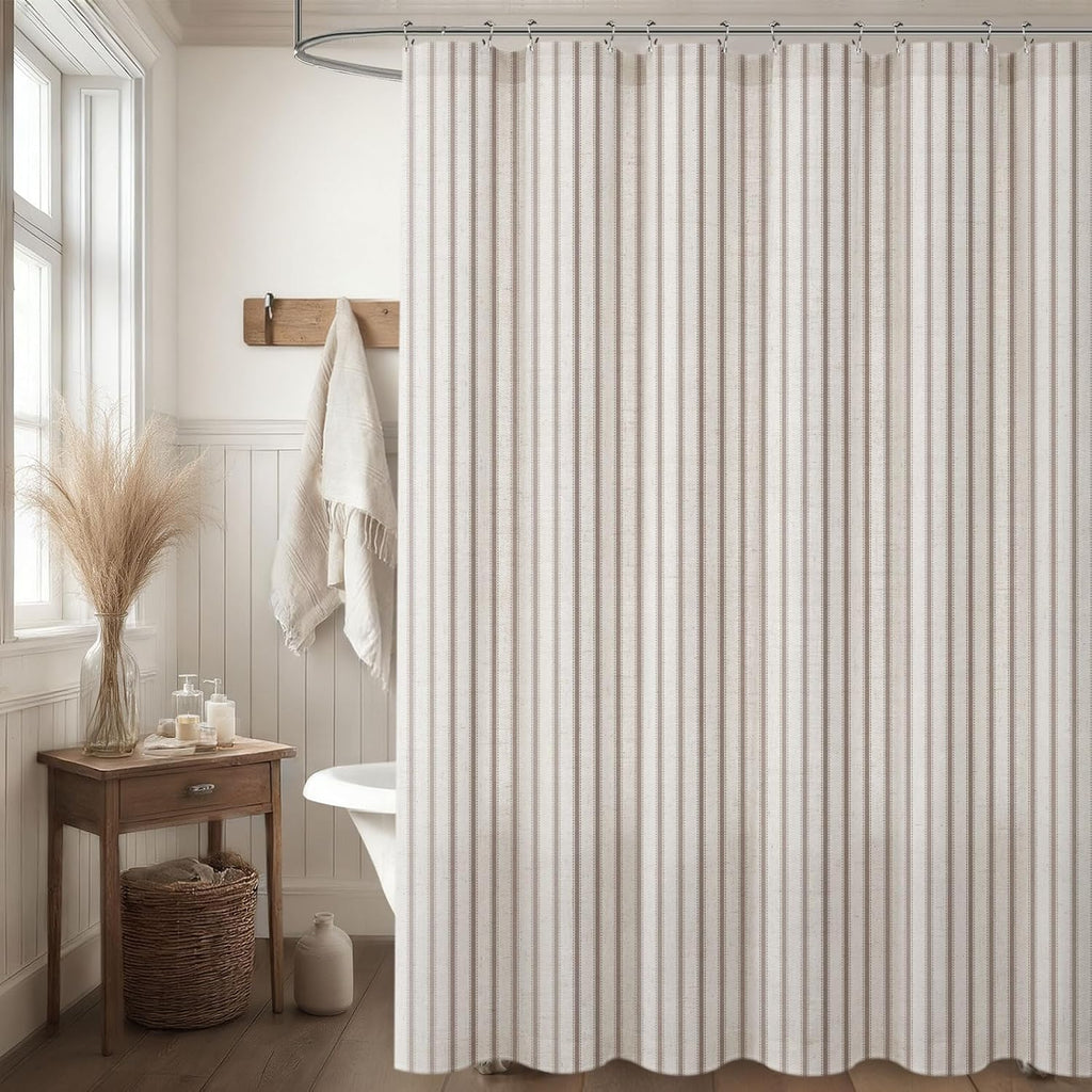 Farmhouse Striped Shower Curtain Taupe Vintage Linen Curtain 72"W X 72"L | Striped Shower Curtains with Linen Texture