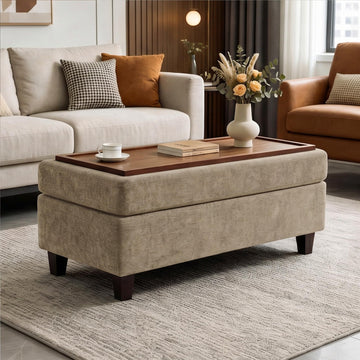 45" Ottoman Coffee Table with Storage, Reversible Wooden Tray Top, Large Storage Ottoman Bench, Chenille Upholstered