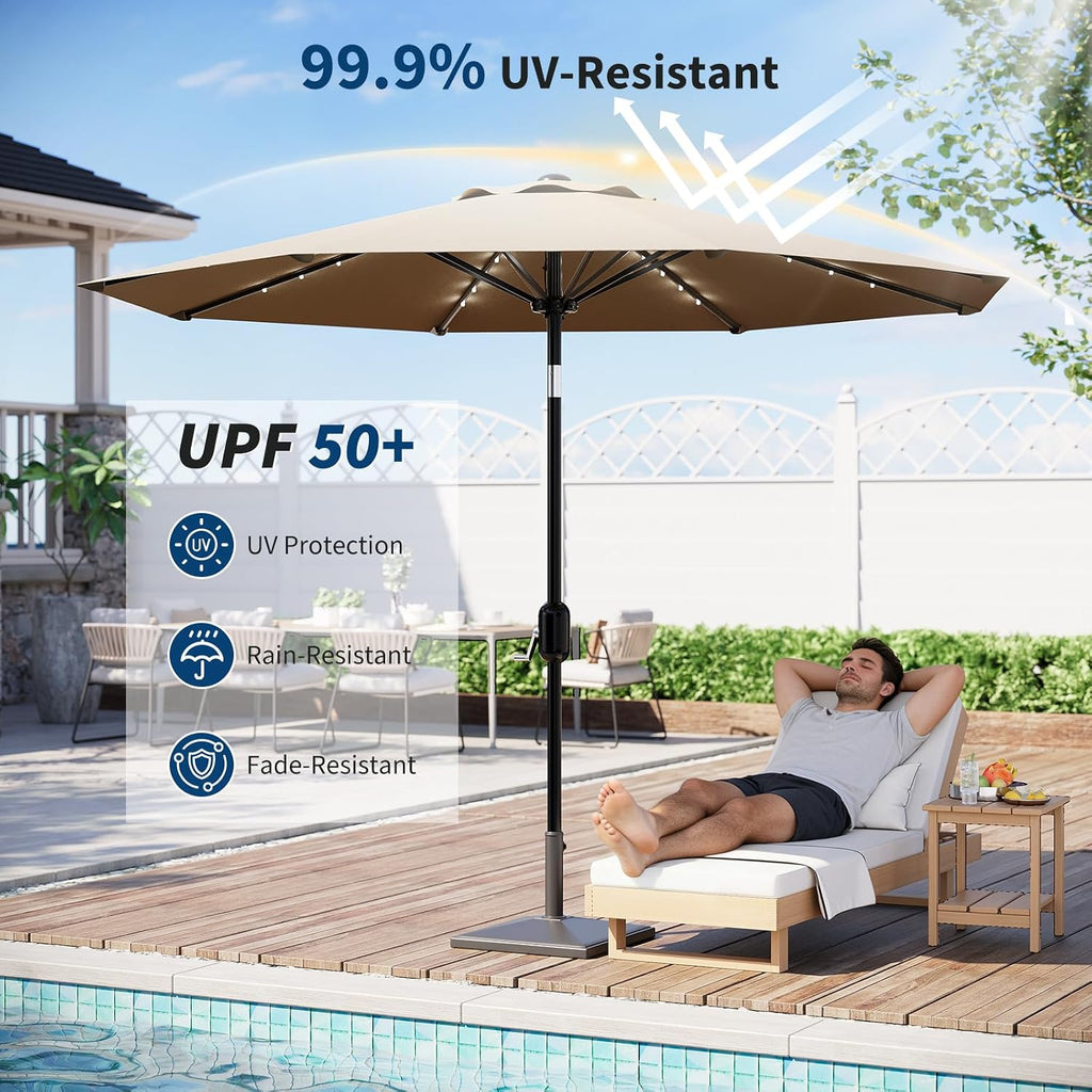 Patio Umbrella with Solar Lights, Outdoor Table Umbrella with 8 Durable Ribs, Tilt & Crank Mechanism