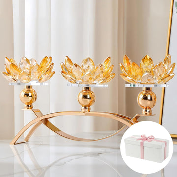 Crystal Candle Holder, 5.6" Tall Gold Centerpieces for Tables, 3-Arm Lotus Candelabra, Home Decor, Coffee Table and