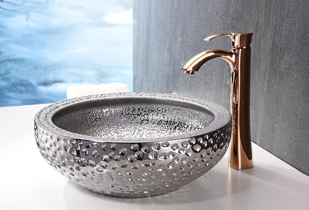 Tempered Glass Vessel Bowl Sink in Speckled Silver, Silver Top Mount Bathroom Sinks Above Counter