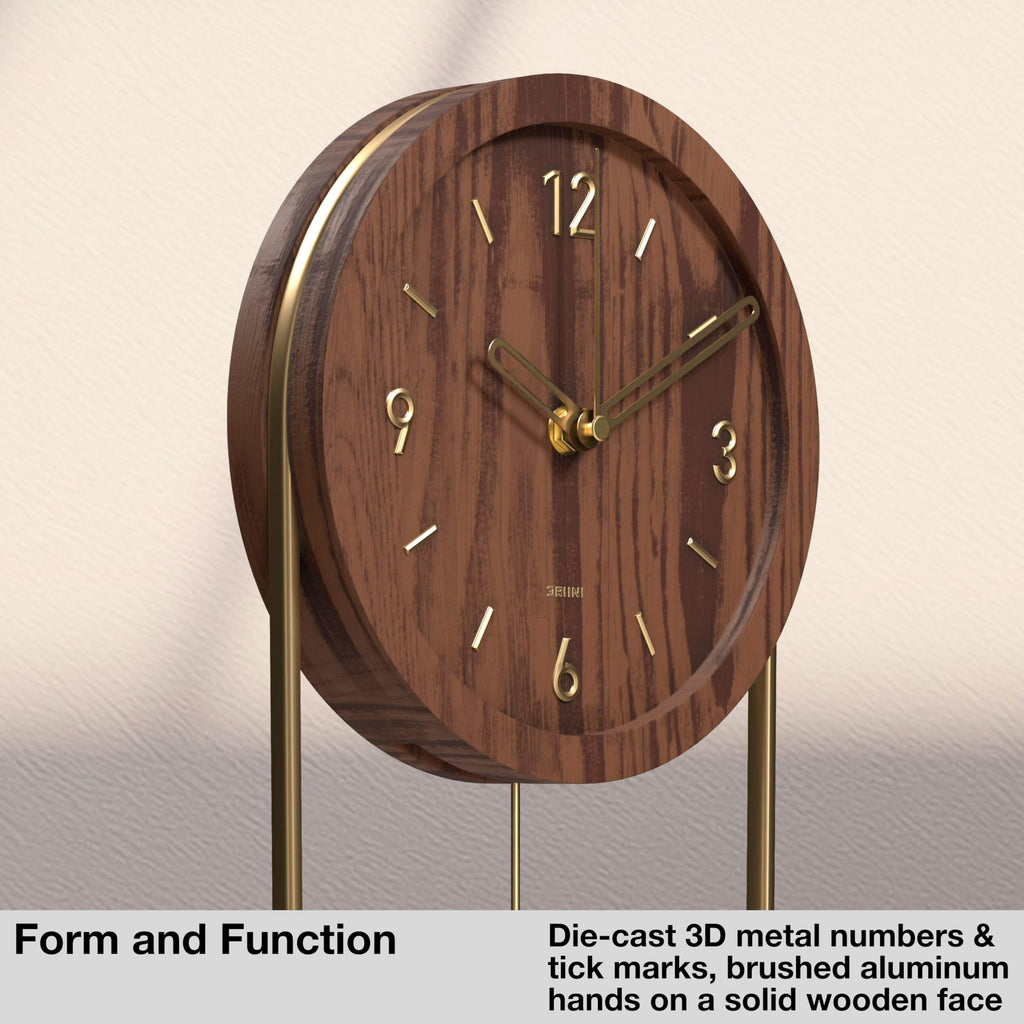 Small Unique Oval Wood Pendulum Wall Clock - Modern Walnut and Gold