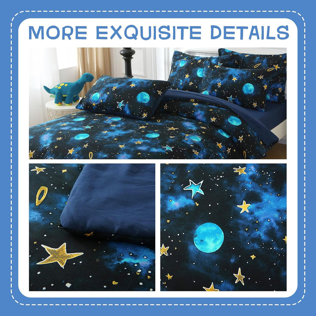 Kids Comforter Sets Twin for Boys, Glow in The Dark Blue Starry Sky Space Bedding Set 3 Pieces - Boy Soft Bed Set - Set of 3