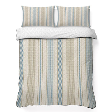 Vintage Striped Quilts Bedding Set Blue Brown Vertical Ticking Stripes French Country Lightweight Quilted