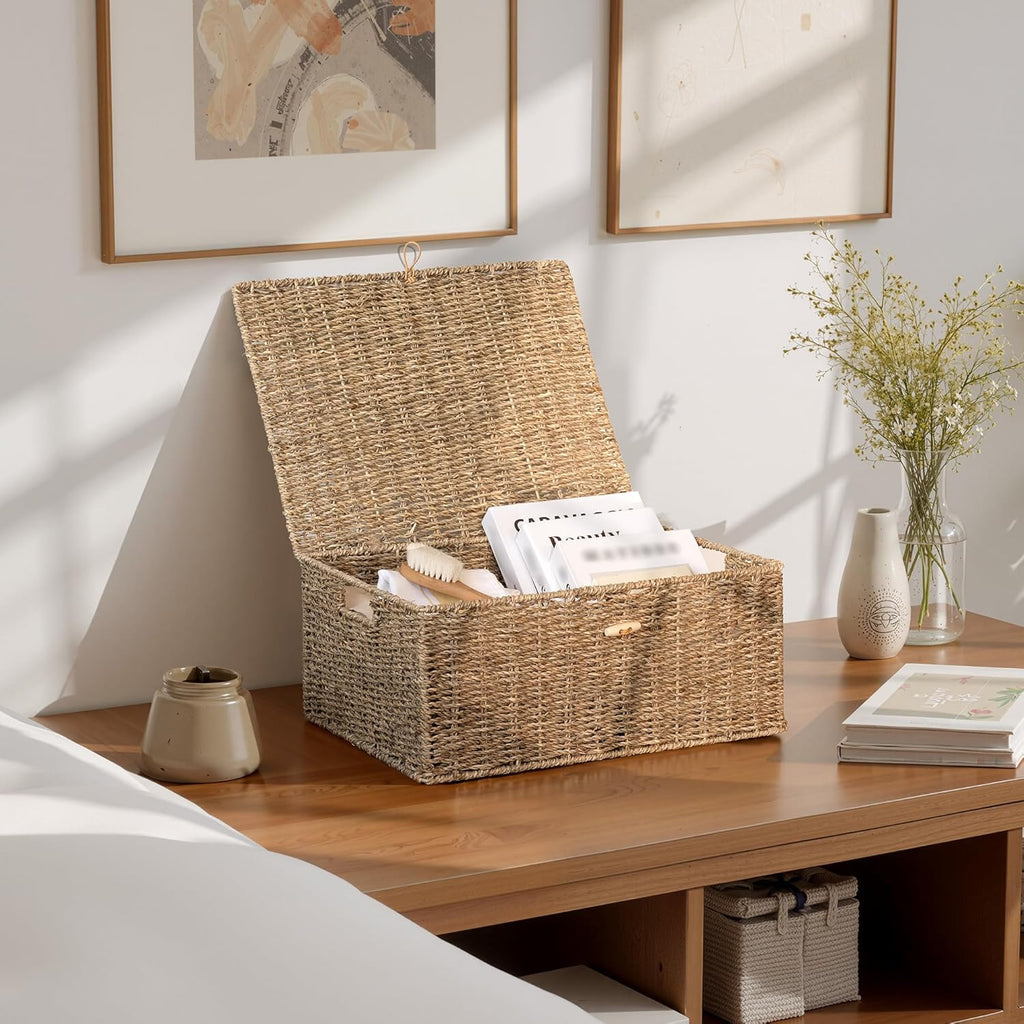 Extra Large Wicker Baskets with Lid for Organizing, Seagrass Storage Baskets for Shelves, Decorative Box with