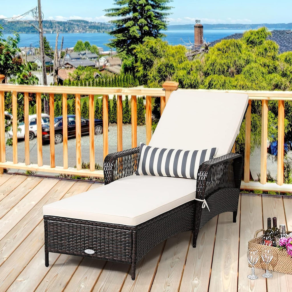 PE Rattan Chaise Lounge Chair, 6 Gear Adjustable Recliner with Armrest & Pillow, Wicker Outdoor Furniture for Deck