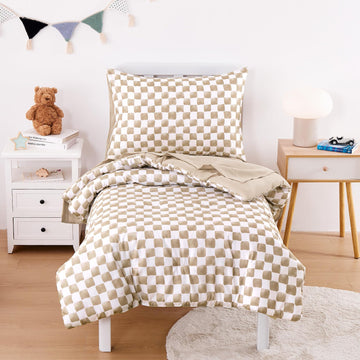 Toddler Bedding Set for Boys Girls, Cute Gingham Grid Checkered, 4 Pieces Soft Crib Bed Set Including Comforter