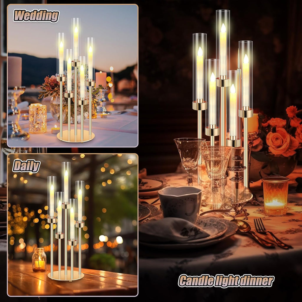 2 Set Gold Candelabra Centerpieces for Tables, 26.8 Inch 5 Arm Candle Holders with LED Candles and Acrylic Cylinders