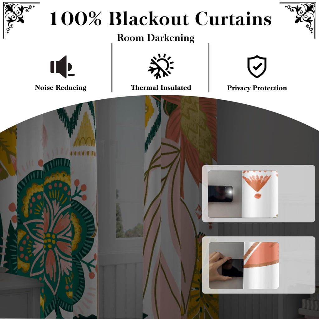 Boho Floral Grommet Blackout Curtains, 52W x 45L, 2 Panels