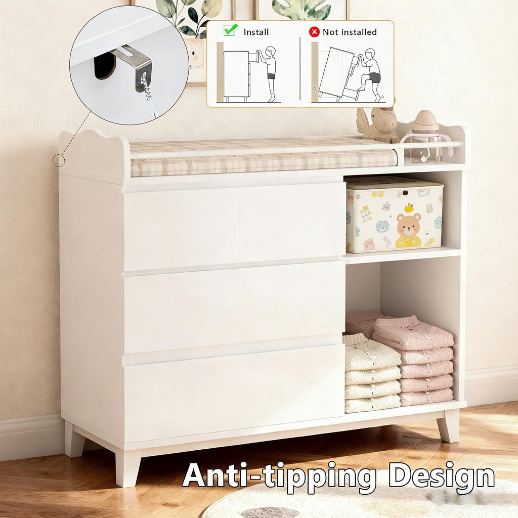 Baby Changing Table Top, Multi-Functional Nursery Changing Table, 4 Drawers with 2 Open Shelves, Bedroom, White