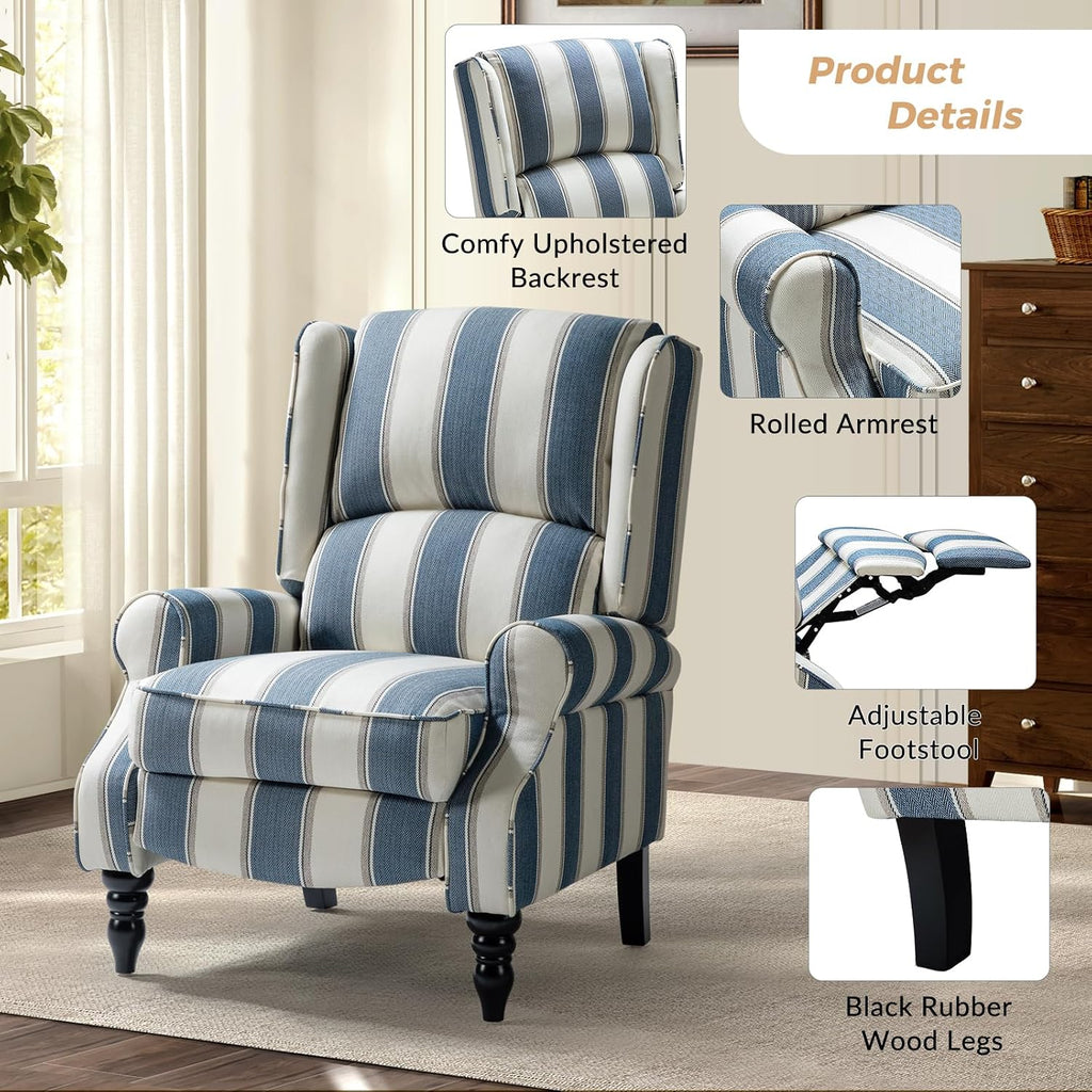 Upholstered Wingback Recliner Chair, Small Adjustable Footrest Push Back Single Reclining Sofa, Mid Century Modern