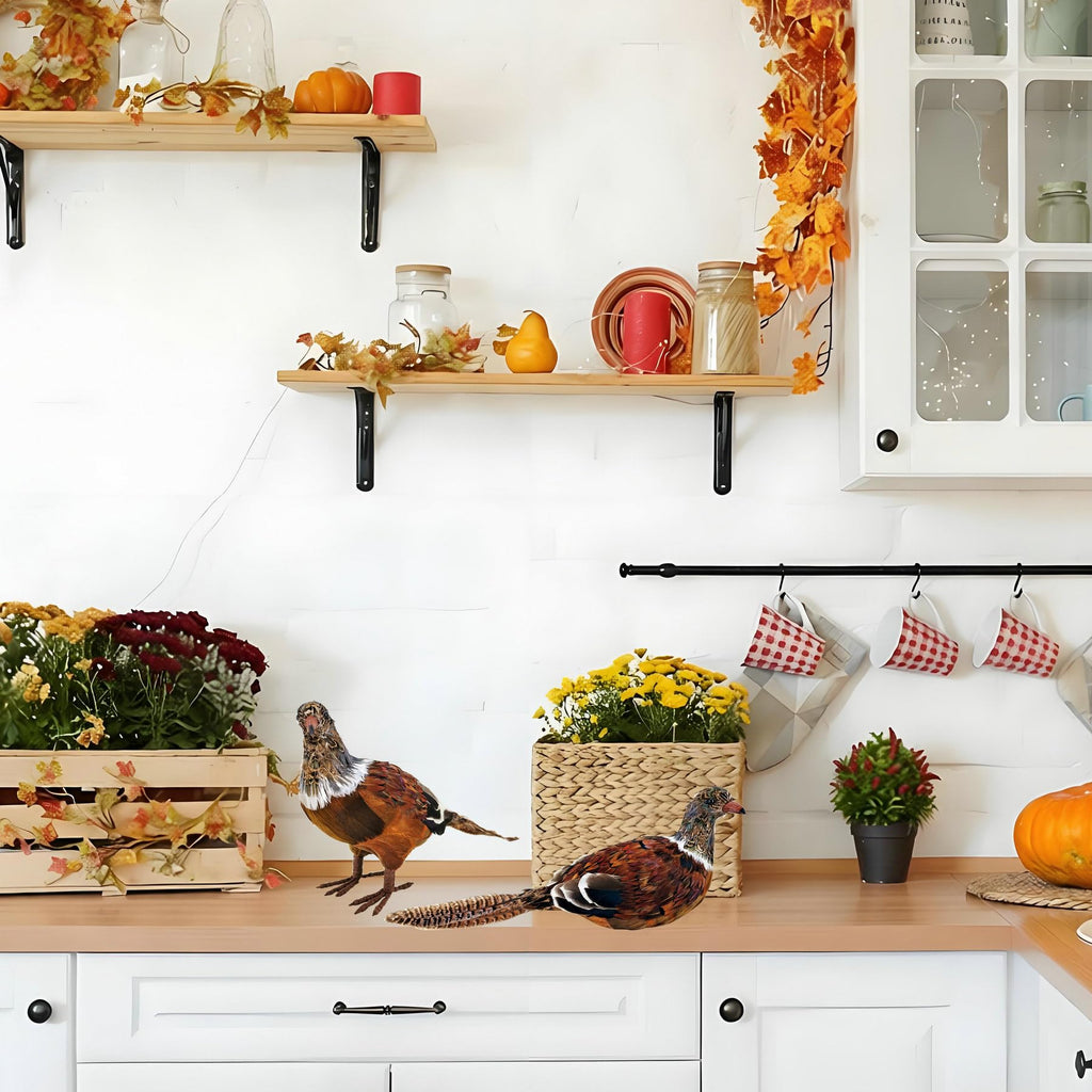 Feathered Pheasant Decor Set of 2 for Autumn Fall Thanksgiving