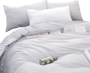 Striped Cotton Duvet Cover Set, Ticking Stripe Pinstripe Farmhouse, 100% Cotton Bedding Set, 3 Pieces, Gray White