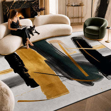 Black White Gold Printed Area Rug 7' X 5' Modern Abstract Rugs Living Room