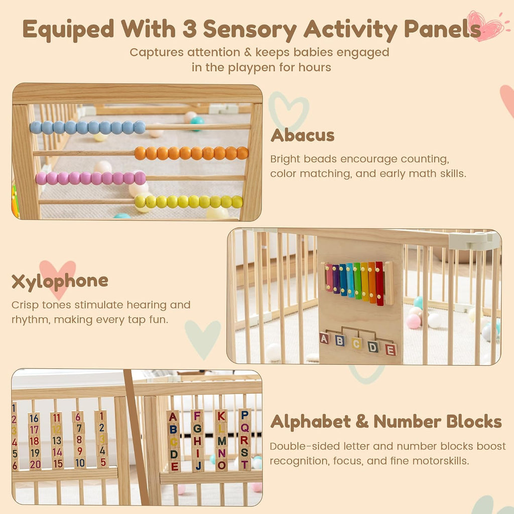 Wooden Playpen with 3 Learning Toys, Foldable 59x59, Babies & Toddlers | Learning toys: xylophone, abacus & blocks.