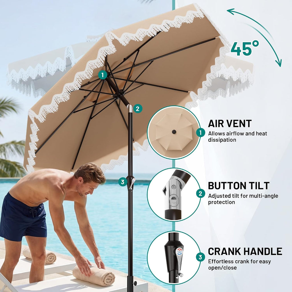 9ft Patio Umbrella with Fringe Tassels, Wind-Resistant Fiberglass Ribs - Beige