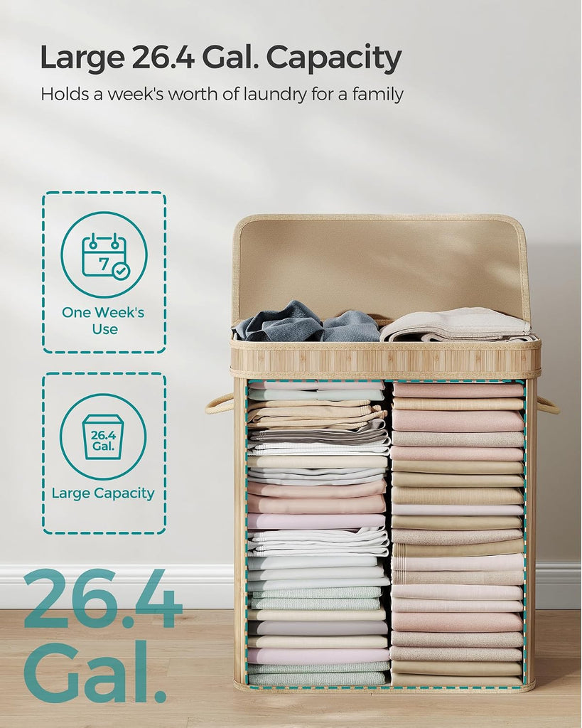 Laundry Hamper with Lid, Bamboo Laundry Basket, Removable Machine Washable Laundry Basket, with Handles