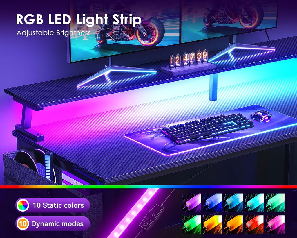 58 Inch L Shaped Gaming Desk with LED Lights, Power Outlets, Black | Adjustable Monitor Stand, Open Storage Shelves