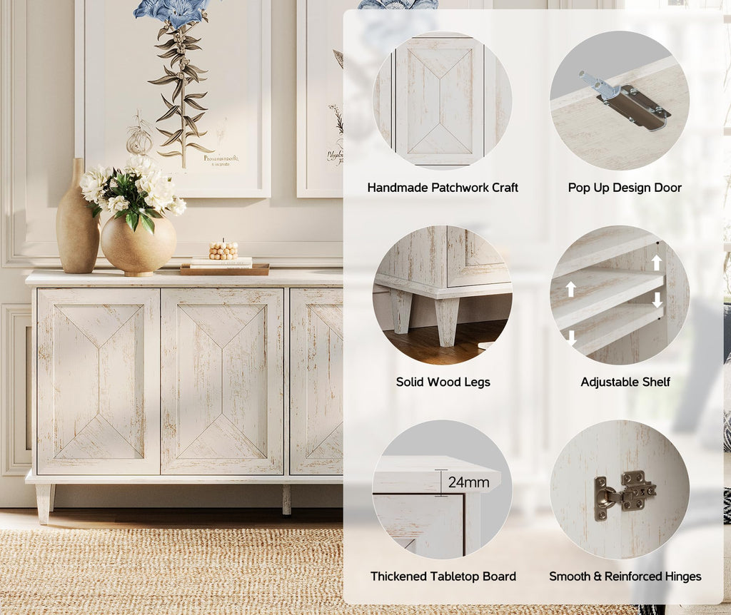 130-inch Handcrafted Patchwork Decorative Buffet Cabinet with Pop-Up Design Doors, 2-in-1 Large Modern Farmhouse