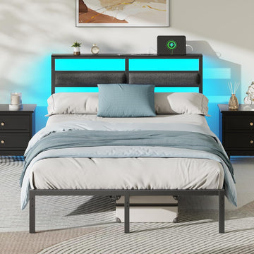 Full Bed Frame with Headboard, Bed Frame Full with LED Light and Charging Station