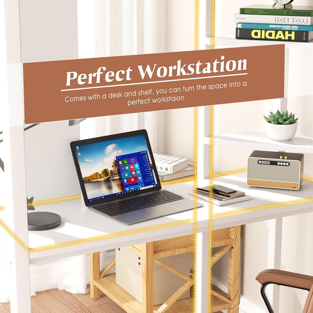 Full Loft Bed with Desk, Metal Frame with 2 Side Ladders, Storage Shelves, Safety Guardrail