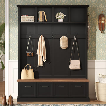 Farmhouse Wood Hall Tree with 6 Hooks and Enclosed Shoe Cabinets, Mudroom Versatile Coat Racks with Open Shelves