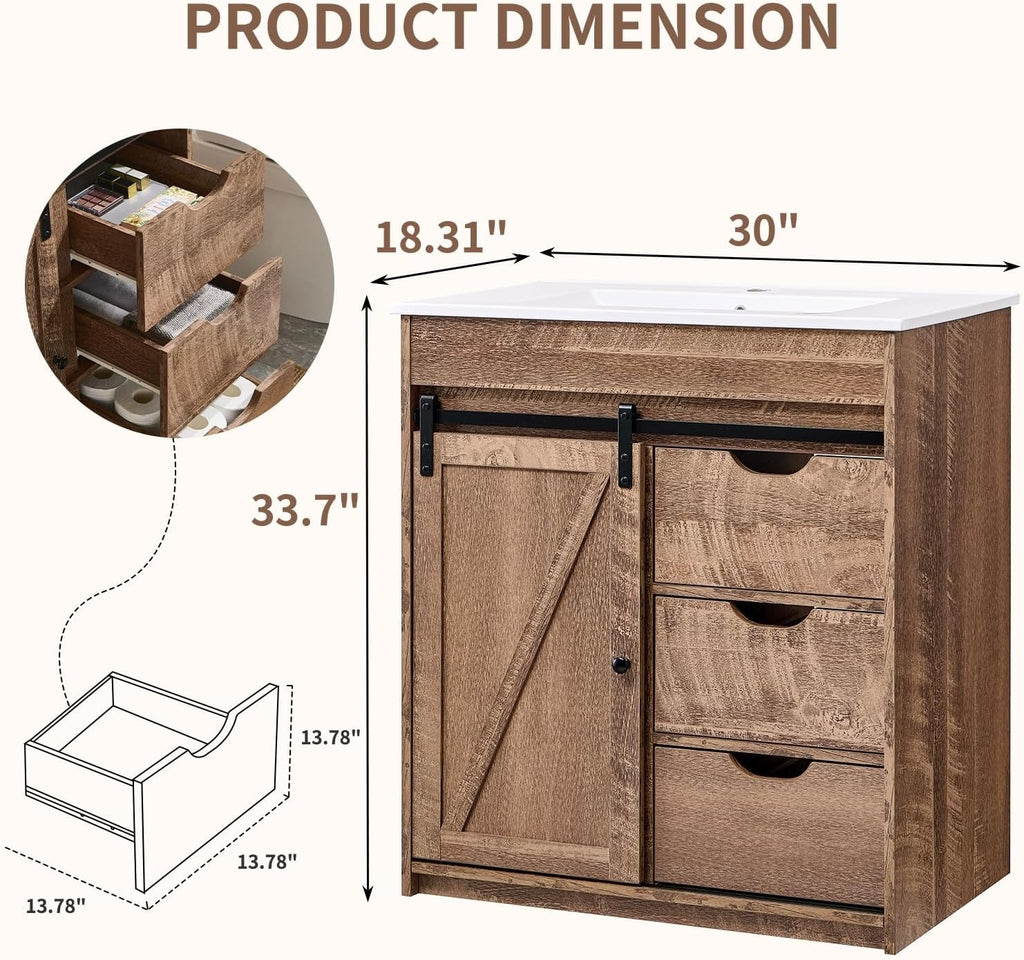 30" Farmhouse Bathroom Vanity with Sink, Freestanding Modern Bathroom Storage Vanity Cabinet w/Sliding Barn Door, 3 Drawers & Adjustable Shelves, Light Brown