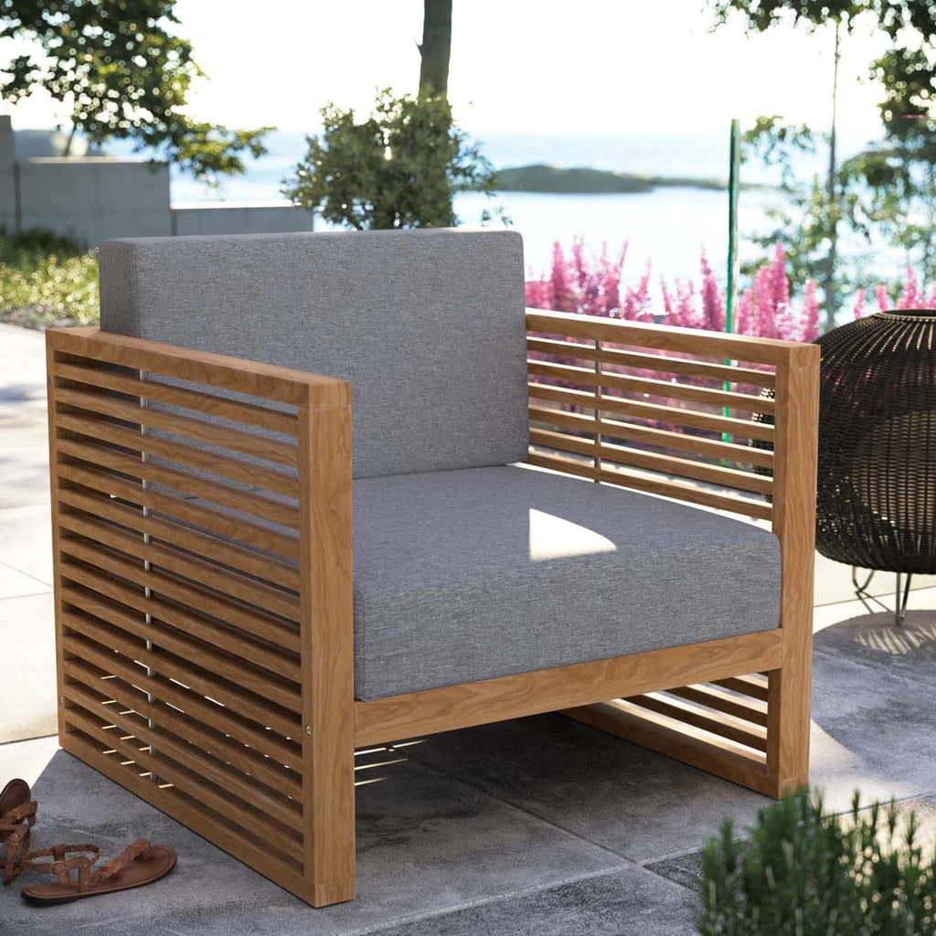 Carlsbad Modern Fabric/Teak Wood Outdoor Armchair in Gray/Natural