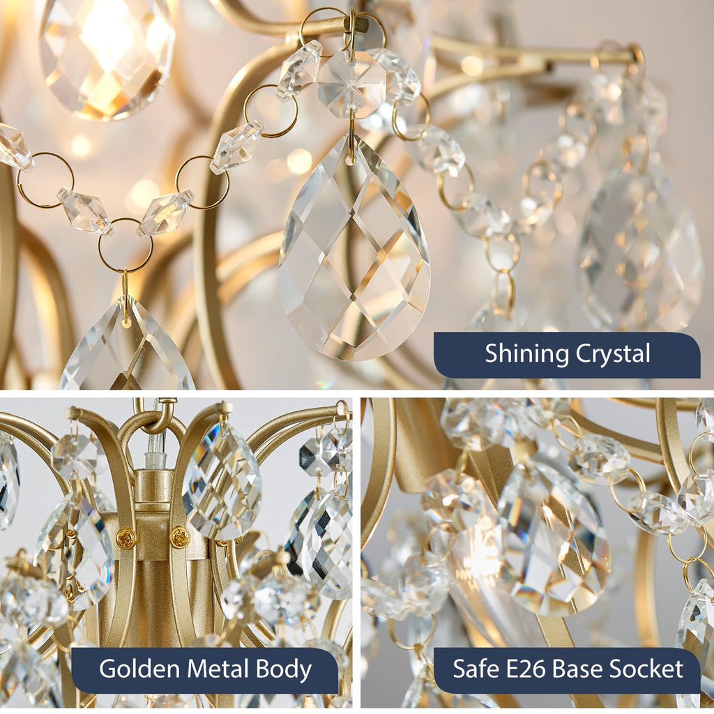Gold Modern Pendant Chandelier Crystal Raindrop Lighting Ceiling Light Fixture Lamp Bathroom Bedroom Livingroom