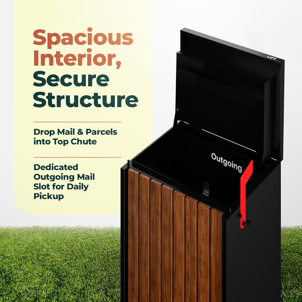Aspen USPS Compatible Mailbox, Classic Black/Oak Package Mailbox, Anti-Theft Locking Parcel Drop Box Packages