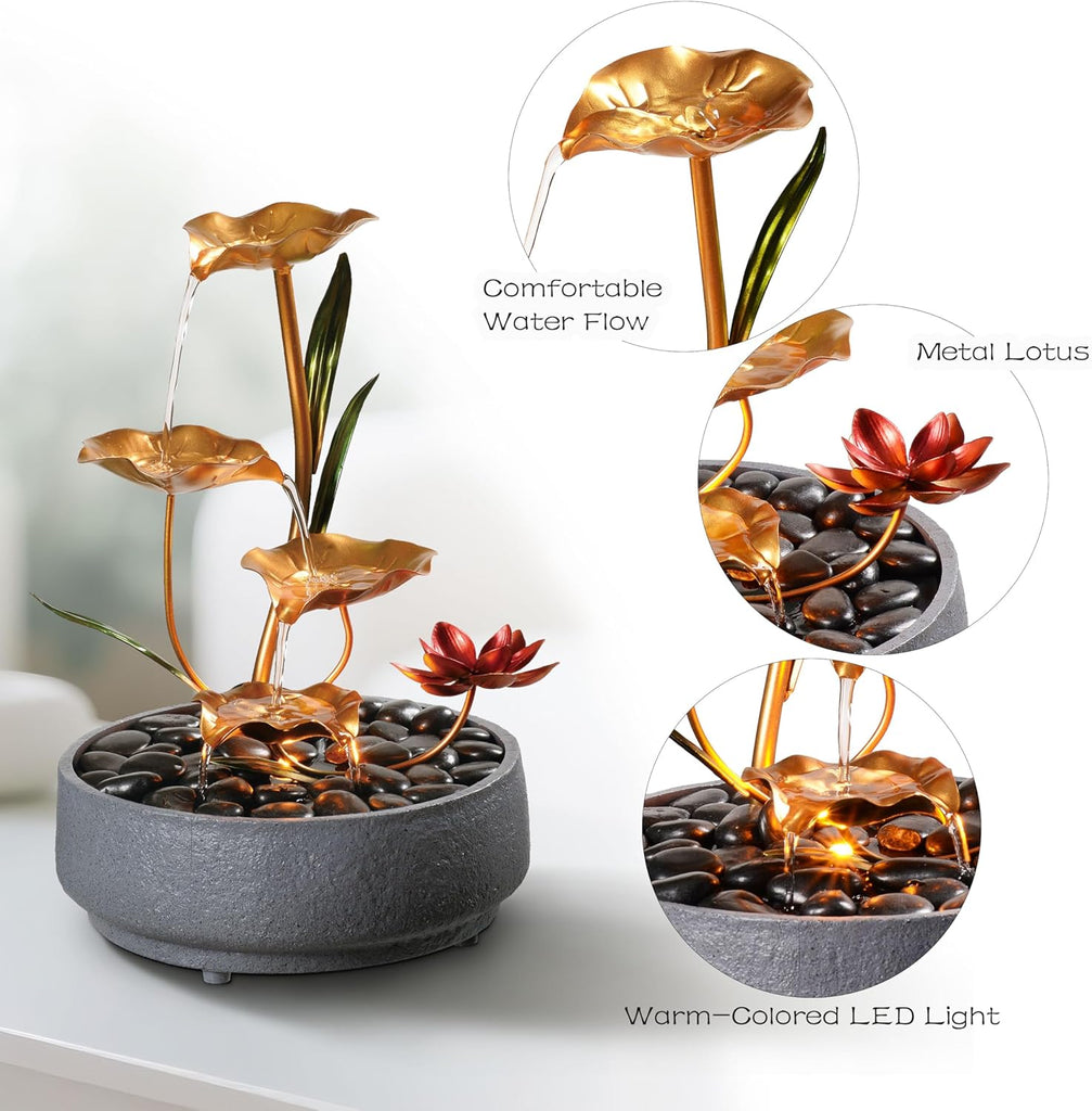 Indoor Tabletop Fountain Exquisite Meditation Desk Water Fountain Decorative Zen,4-Tier Lotus Desk Fountain, Decor