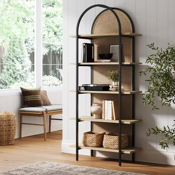Amara Bohemian 5-Shelf Etagere Bookcase, Rattan Open Bookshelf with Arch Top, Light Oak/Matte Black