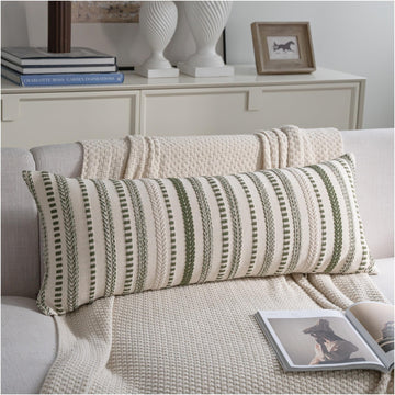 Green Boho Lumbar Pillow Covers 14x36 Long, Stripe Textured Decorative Couch Pillow Cases for Bed, Sofa, Living Room