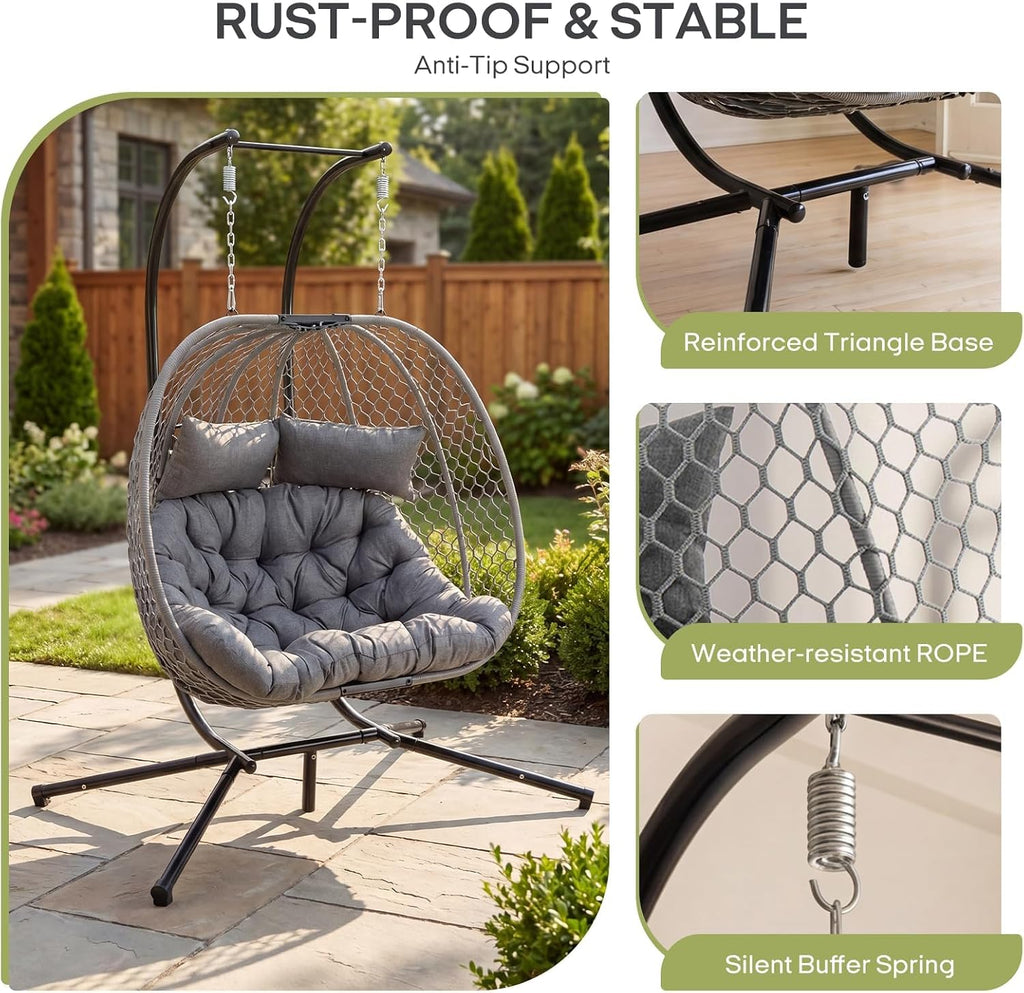 Double Egg Chair with Stand for 2 Persons, Oversized Patio Hanging Basket Chair, Honeycomb Wicker Swing Chair with