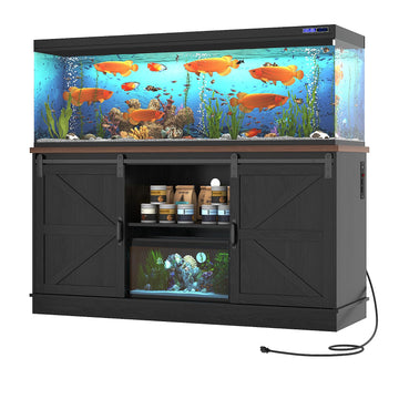 Farmhouse 75-120 Gallon Fish Tank Stand with Power Outlet, Aquarium Stand w/Cabinet&Sliding Barn Door, Heavy Duty