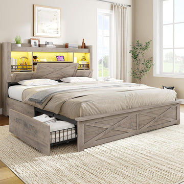 Farmhouse Full Bed Frame with Flip-Down Bookcase Storage Headboard and 4 Drawers, Rustic Wood Platform Bed Frame Full