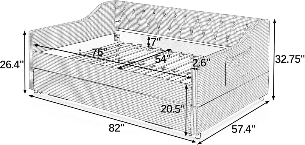 Gingham Daybed with Pull-Out Trundle and Side Pocket /Guest Room, Full Size Upholstered 3-in-1 Versatile Sofabed