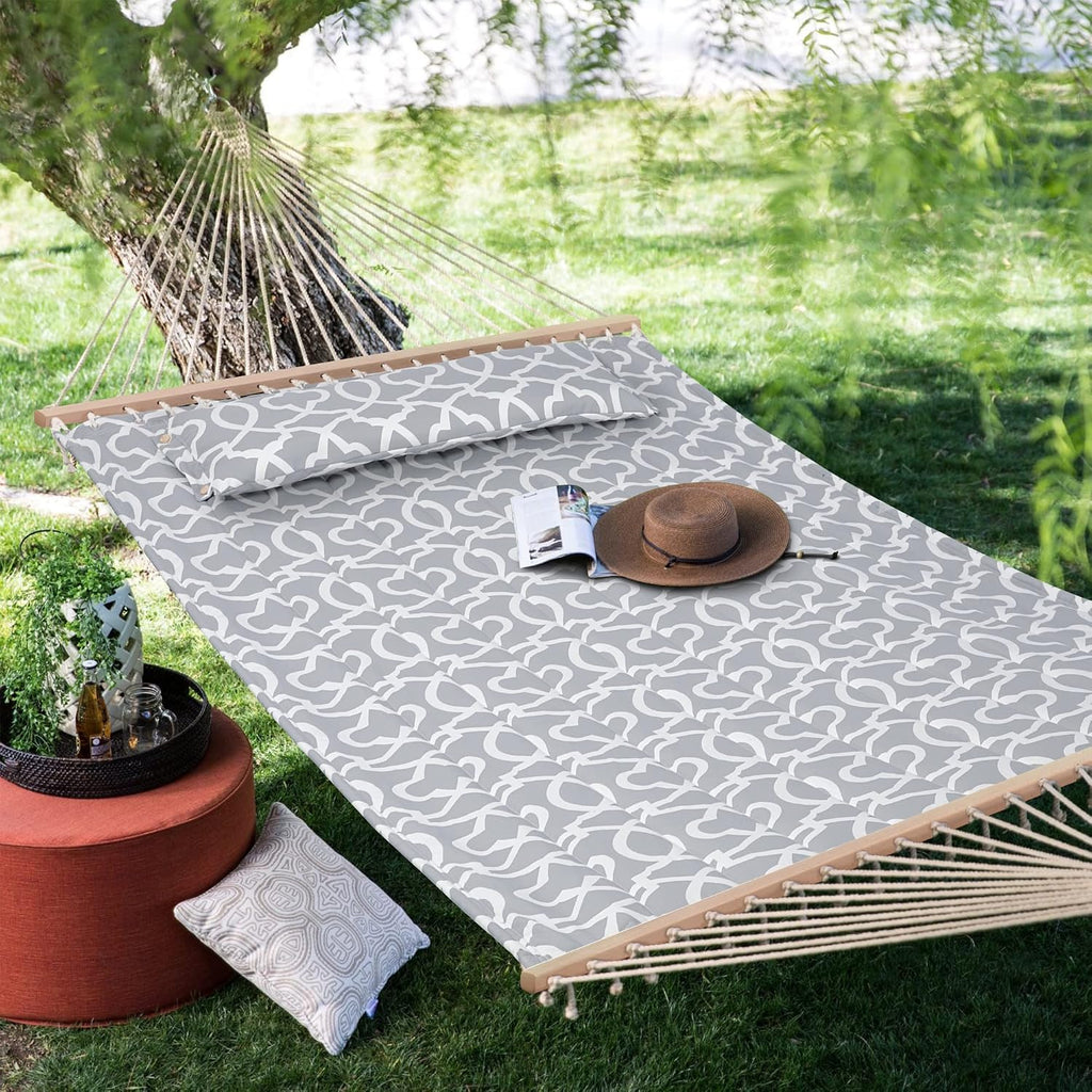 Double Quilted Hammock with Hardwood Spreader Bar, Grey Pattern | Heavy Duty 2 Person Hammock with Extra Large Soft