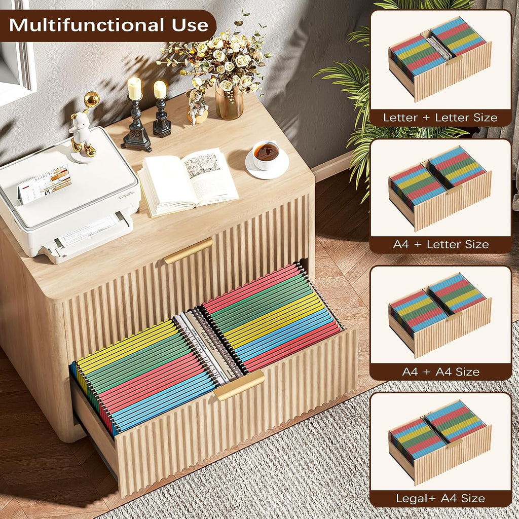 Lateral File Cabinet with 2 Drawers, Natural Oak Fluted Filing Cabinet | Fluted File Cabinet for Letter/Legal/A4 Size