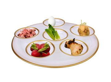 Alabaster White Seder Plate with gold rim and 6 Mini Removable Bowls 12.75" D X 4.25" H - Passover Holiday Kaarah