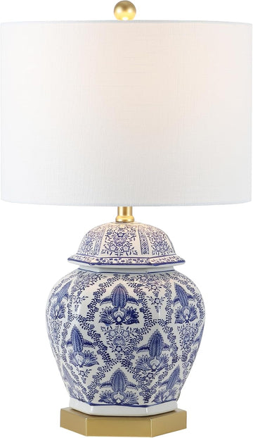 25" Blue/White Classic Traditional Ginger Jar Ceramic LED Table Lamp, Chinoiserie Table Lamp Bedroom