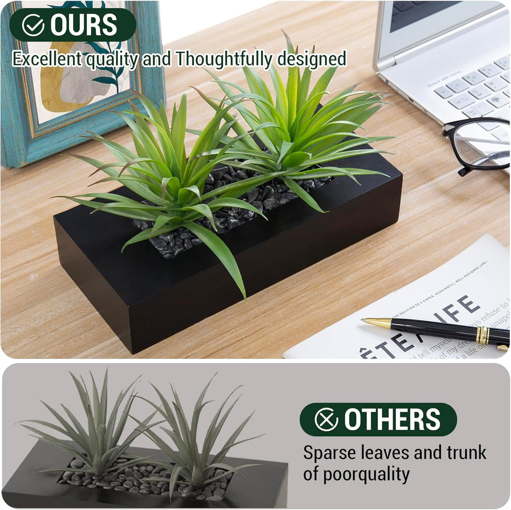 10 Inch Fake Grass Artificial Plants in Rectangular Black Wood Planter - Faux Plants Indoor for Tabletop Centerpiece