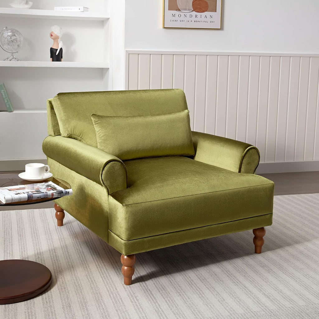 Oversized Velvet Accent Arm Chair with Roman Column Legs, Green | Upholstered Vintage Living Room Chair, Big Lounge