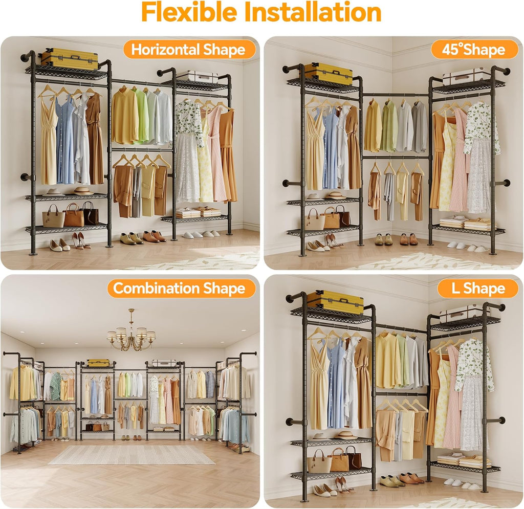 W3 Industrial Pipe Clothing Rack, Wall Mounted Clothes Rack Closet Wardrobe System with Expandable Hanger Rods