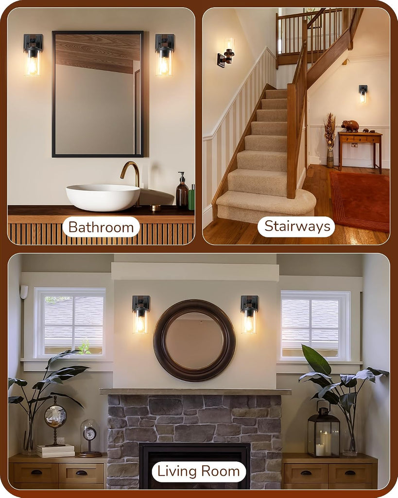 Wall Sconces Set of 2, Farmhouse Vanity Light Fixtures with Clear Glass Shade & Dark Brown Wood Grain Paint, 1-Light