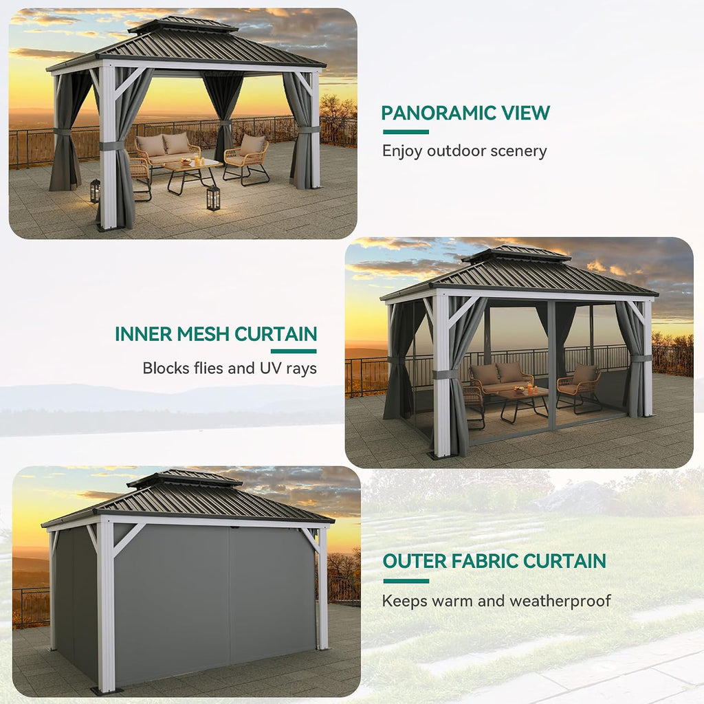 White Gazebo 10x12ft Hardtop Double Roof Canopy Galvanized Iron Aluminum Frame Outdoor Gazebo with Netting and Shaded