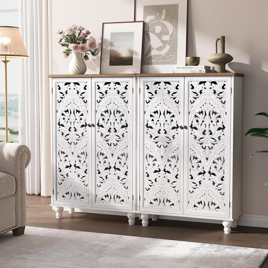 47" Tall Accent Cabinet with Carved Doors & Storage | Vertical Storage, Carved Floral Design, Mandala White Buffet