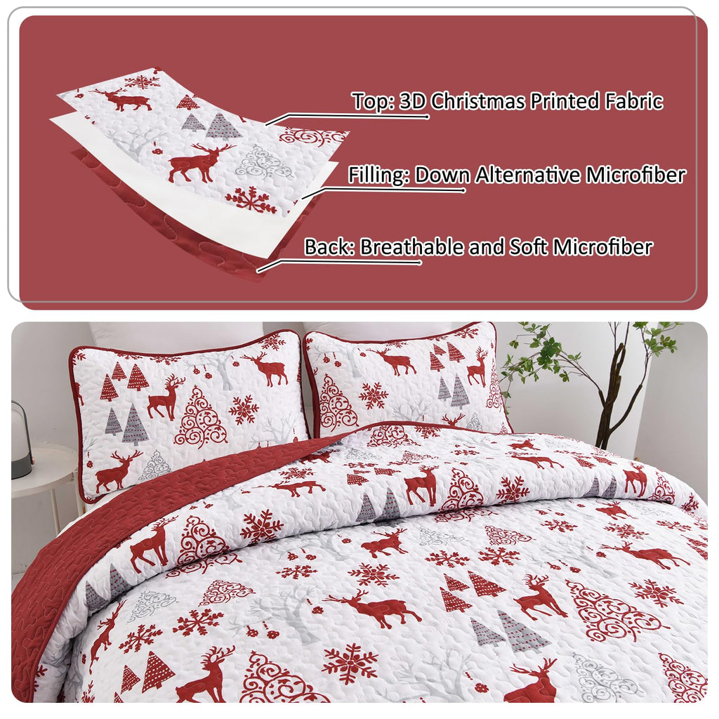 Christmas Quilt Set King Size, Xmas Tree Reindeer Snowflake Quilt
