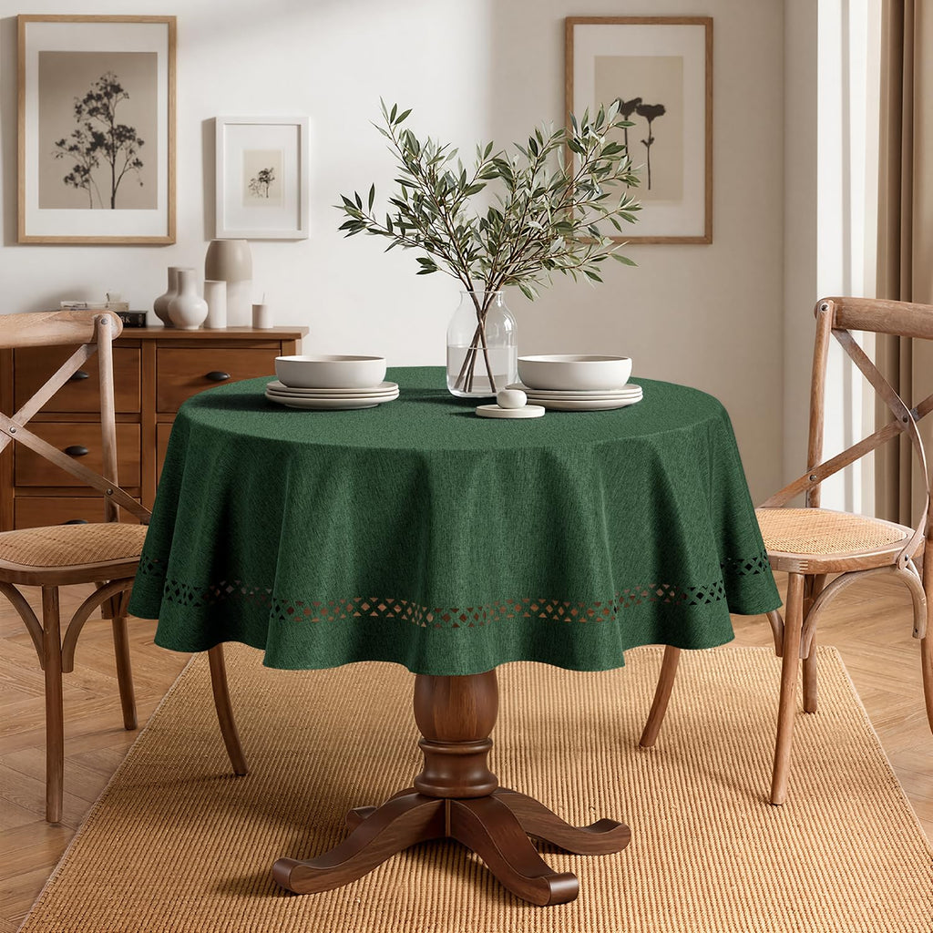 Army Green 60 Inch Round Linen Christmas Tablecloth with Cutouts